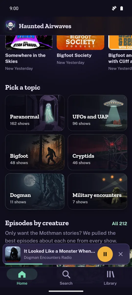 Topic cards for Paranormal, UFOs, Bigfoot, Cryptids, Dogman and Military encounters
